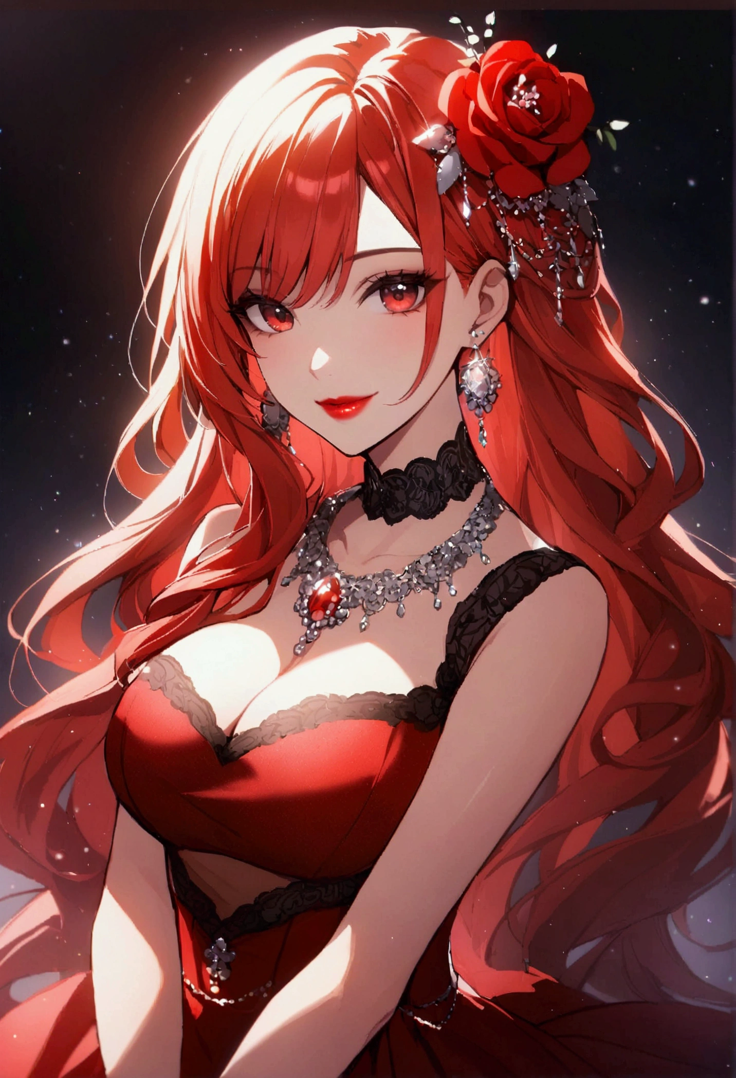 rating:safe, jewelry, 1girl, red_hair, flower, earrings, hair_ornament, breasts, dress, cleavage, looking_at_viewer, long_hair, hair_flower, red_dress, rose, smile, red_eyes, necklace, red_lips, light_particles, lipstick