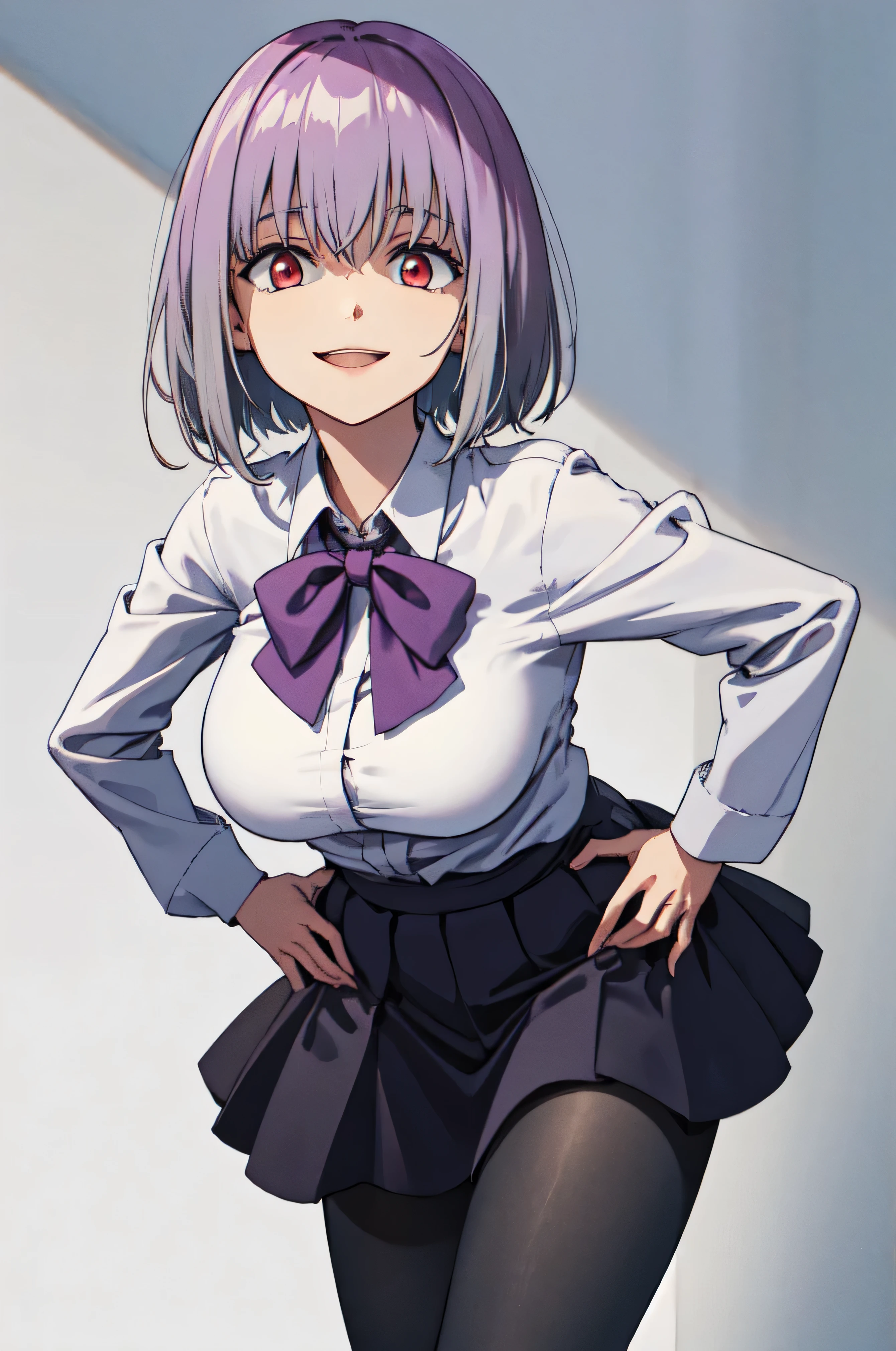 male, short hair, Red eyes, Large Breasts, Purple bow tie, Collared shirt, White shirt, Purple Jacket, Partially defrosted, Long sleeve, Sleeves are longer than the wrist, Pleated skirt, Black Skirt, pantyhose, smile, Waist clothes, night, dark, room, Shine, Backlight, Open your mouth, Leaning forward, Put your hands on your hips, View your viewers, Hollow Eyes, masterpiece, Highest quality, High resolution, Nice hands, Perfect hands, Cowboy Shot,Too evil smile,smile the worst,Looking down at the viewer,Smile at its worst,Devilish Laugh,Dark shadowed face,Smile face,big monster ,Dark purple background,both hands,Five Fingers,Two legs,, One-sided black wing,Dark shadowed face,A sadistic smile,Malice,Contempt,smile,both hands,Two legs,Five Fingers,solo,Decorated with skulls. background, A mountain of skulls beneath