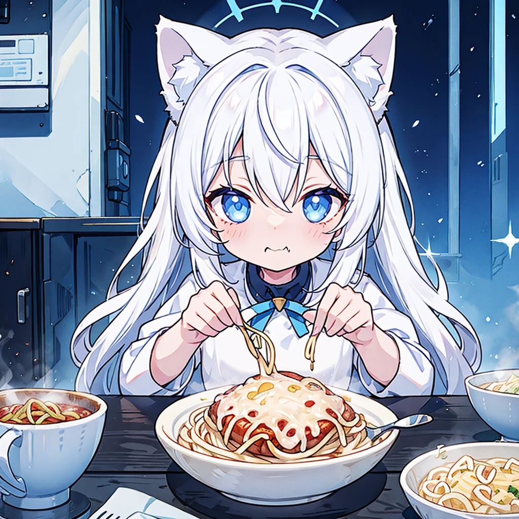 white hair. cat ears. blue eyes. eating spaghetti. no human ears. happy. chibi style. 