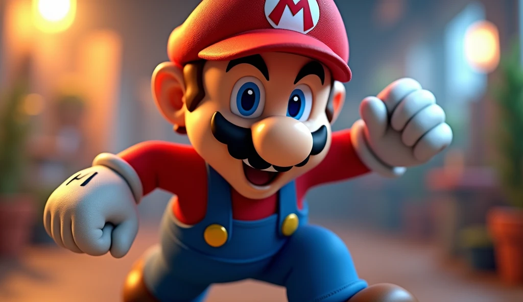 3D high resolution ultra detailed 8K super mario character, extremely detailed video game character, photorealistic, hyper realistic, intricate details, dynamic action pose, vibrant colors, volumetric lighting, cinematic lighting, studio lighting, depth of field, bokeh, masterpiece