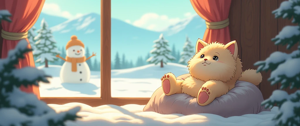 Cat, Cozy , Anime ,Lofi ,Ultrawide , Studio Ghibli Inspired ,vibes , Wide view ,Snowman