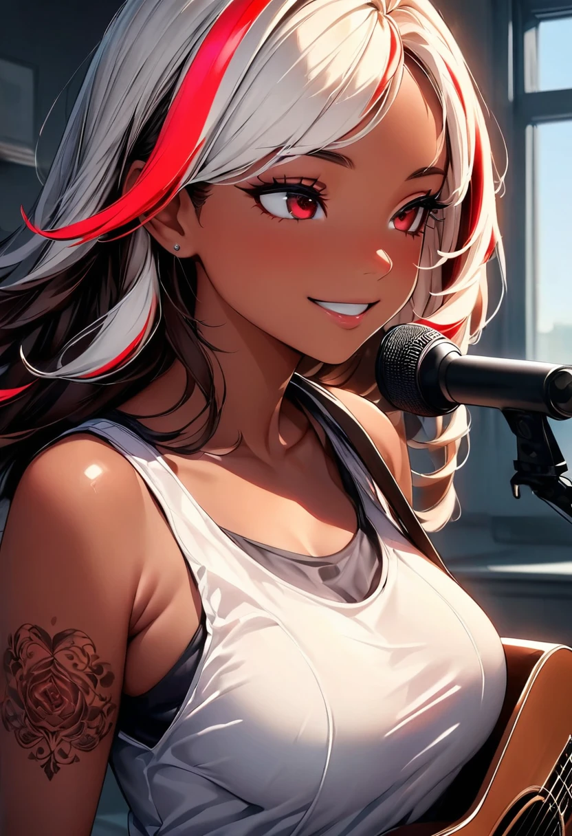 (highest quality:1.2, Very detailed, up to date, Vibrant, Ultra-high resolution, High Contrast, masterpiece:1.2, highest quality, Best aesthetics), Portraiture、girl、singer, solo, ((25-years-old:1)), Bright colors, Beautiful fine details、Beautiful lip detail、medium wave hair、red and white ((streaked hair:1.6)), highlights hair: 1.5, red eyes, slim body, medium breast, (tan skin:1.1), (Floral Fineline tattoo design on left arm:1), tank top, shorts, sitting on bed, bright her room, huge windows, singing, playing acoustic guitar, smile, (upper body:1.4)