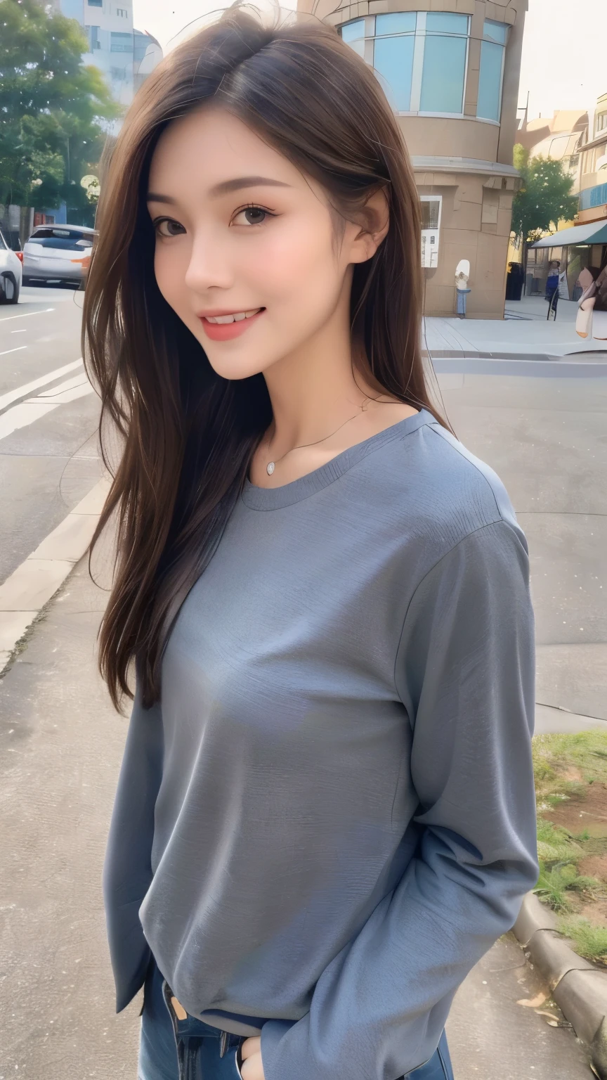 ((best quality, 8k, masterpiece :1.3)), 1 woman, smiling, face in profile 、whole body, slim face, Pretty Woman, (dark brown hair), Casual summer clothes :1.1, very detailed face, detailed eyes, double eyelid,  blur background, slim face, city, out, distance,