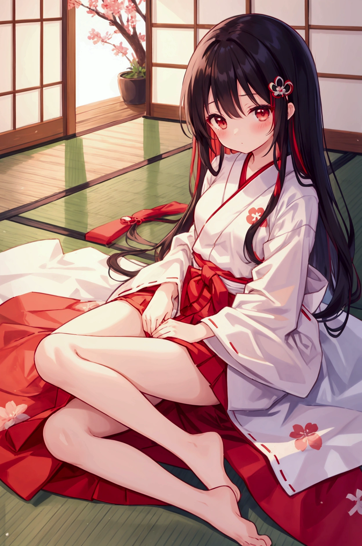 beautiful illustration, best quality, cute girl, japanese room, tatami, miko, red hakama, bare legs, straight hair, hair black hair, thigh, blush,