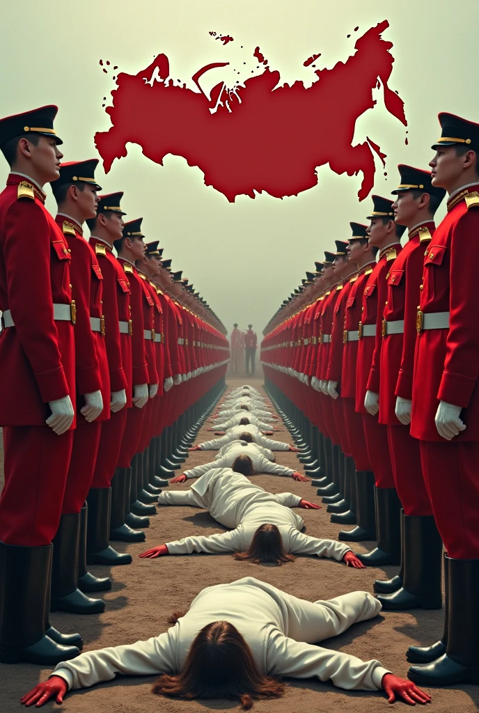 An image where the map of Russia is in the background and there are also 10 people in red looking at the camera and ten people in white lying on the floor as if they were dead.