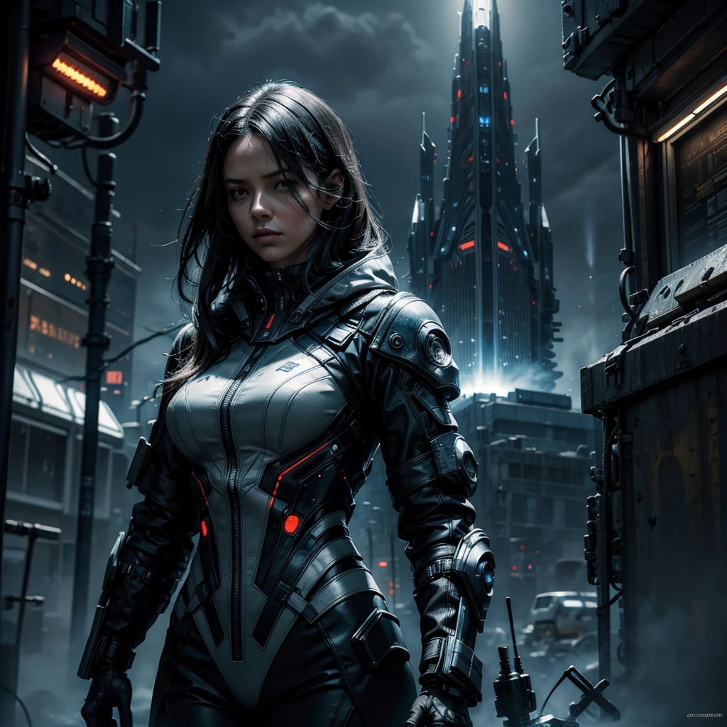 a woman in the foreground with an ordinary futuristic uniform processing data on an orographic screen, dark figure approaching threateningly in the distance behind her, hyper-realistic, hyper-detailed, photo-realistic, perfect-details, intricate-details, high quality, cinematic lighting, dramatic shadows, vibrant colors, dystopian atmosphere, intricate machinery, advanced technology, futuristic environment, ominous presence