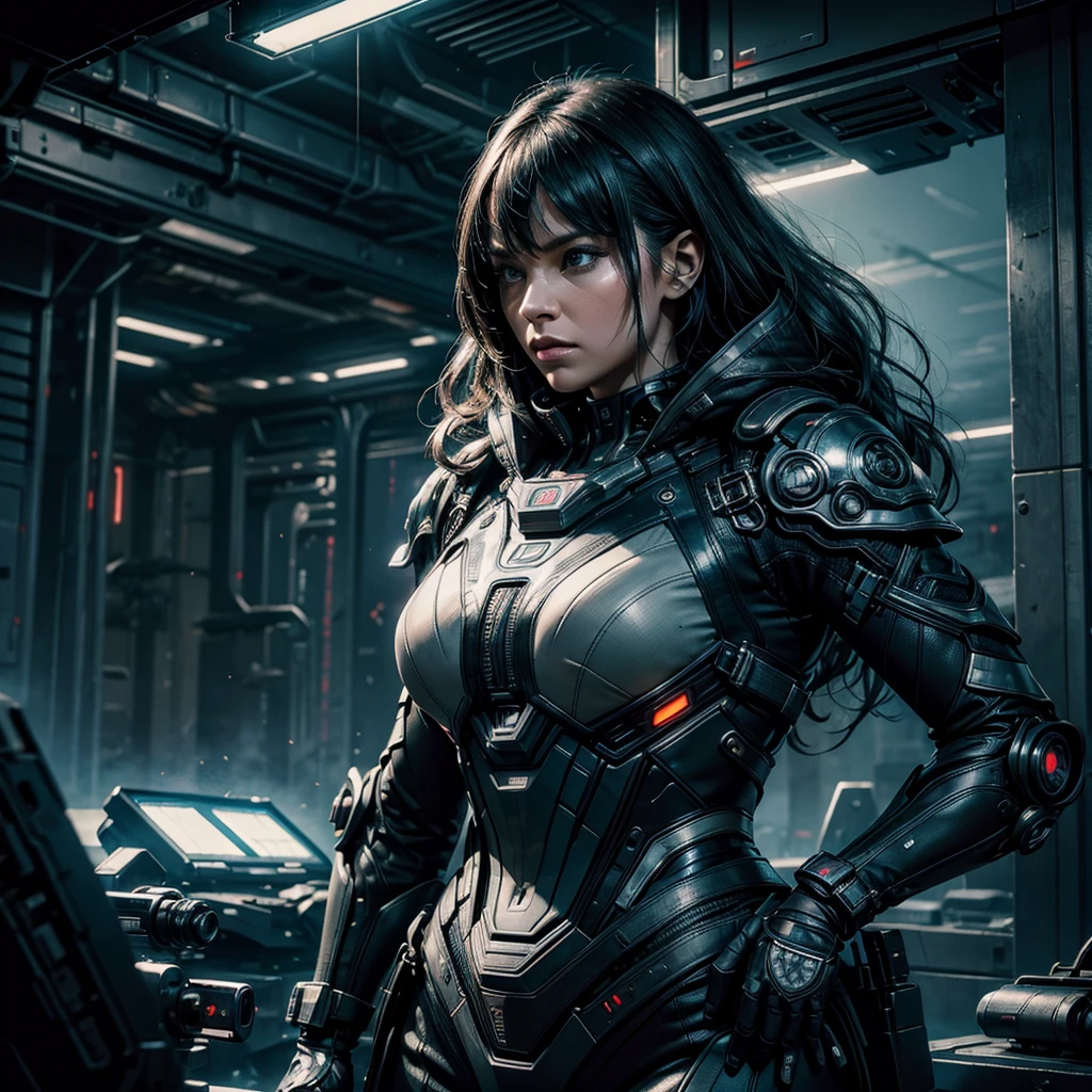 a woman in the foreground with an ordinary futuristic uniform processing data on an orographic screen, dark figure approaching threateningly in the distance behind her, hyper-realistic, hyper-detailed, photo-realistic, perfect-details, intricate-details, high quality, cinematic lighting, dramatic shadows, vibrant colors, dystopian atmosphere, intricate machinery, advanced technology, futuristic environment, ominous presence