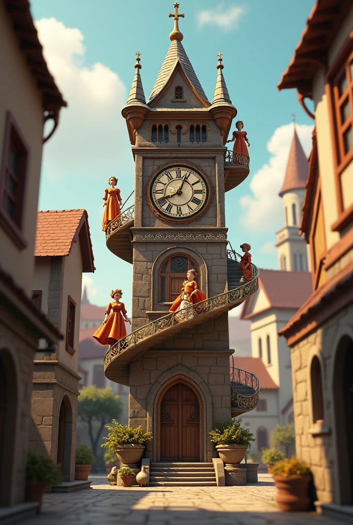 generate an animated image in a medieval city and an old clock in the middle , passing around the top several wooden dolls 