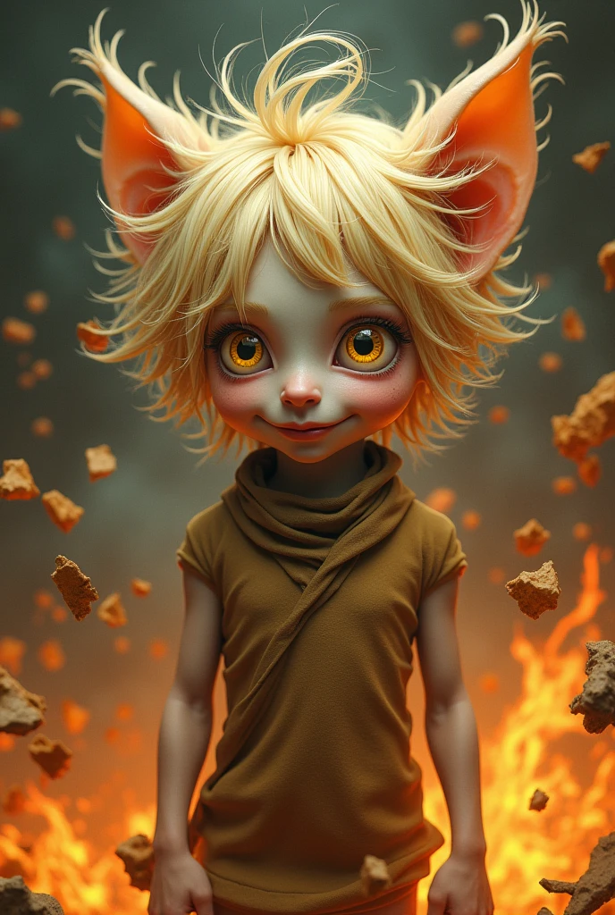 high qualiy, best qualityer, work of art, absurderes, rot_jaket, cinta, golden_eyeballs, blond_body hair, 小柄_body hair, ears_body hair, ssmile, 1 boy, torn garments, pieces of cloth, around flames  