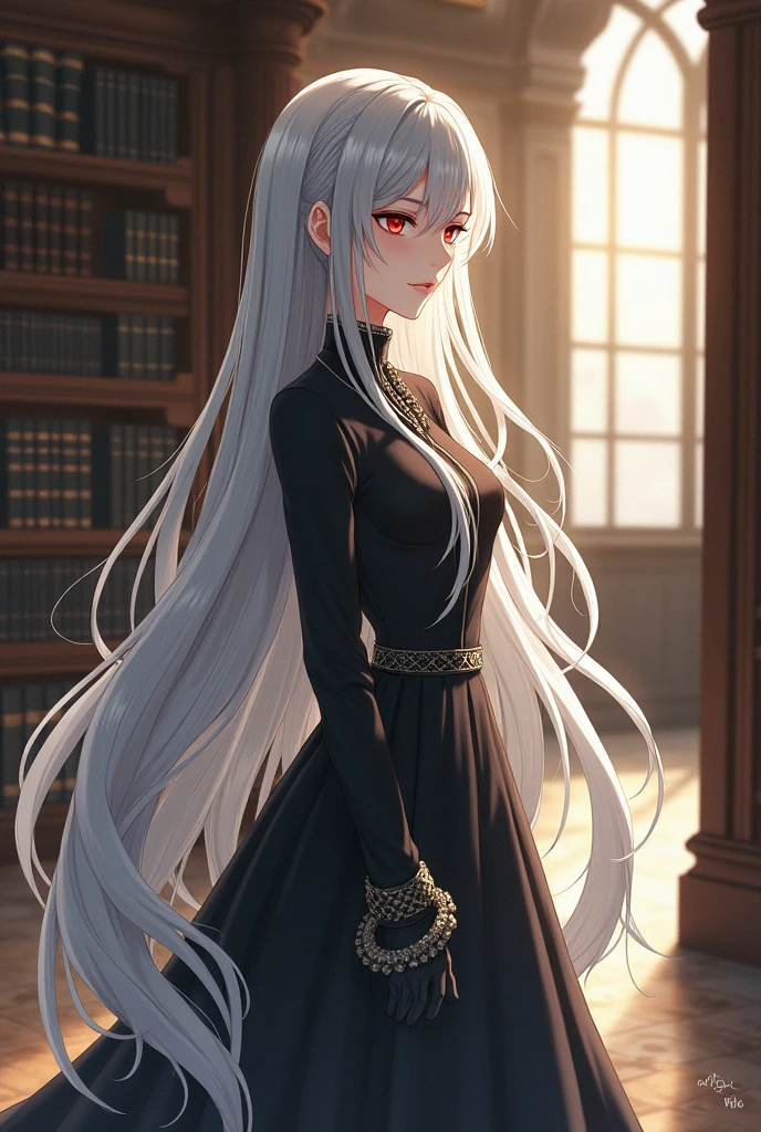 Girl with long hair，Hair falls to the floor，Silver Hair，Retro dress，Lady，library，，Beautiful profile，Handsome face，Red Eyes，solo, One girl, Long Hair, bangs, Character profile, Anime Style, とてもLong Hair, Super long hair, High resolution, Ultra high definition, 床に着くほどのLong Hair、2 meters of hair