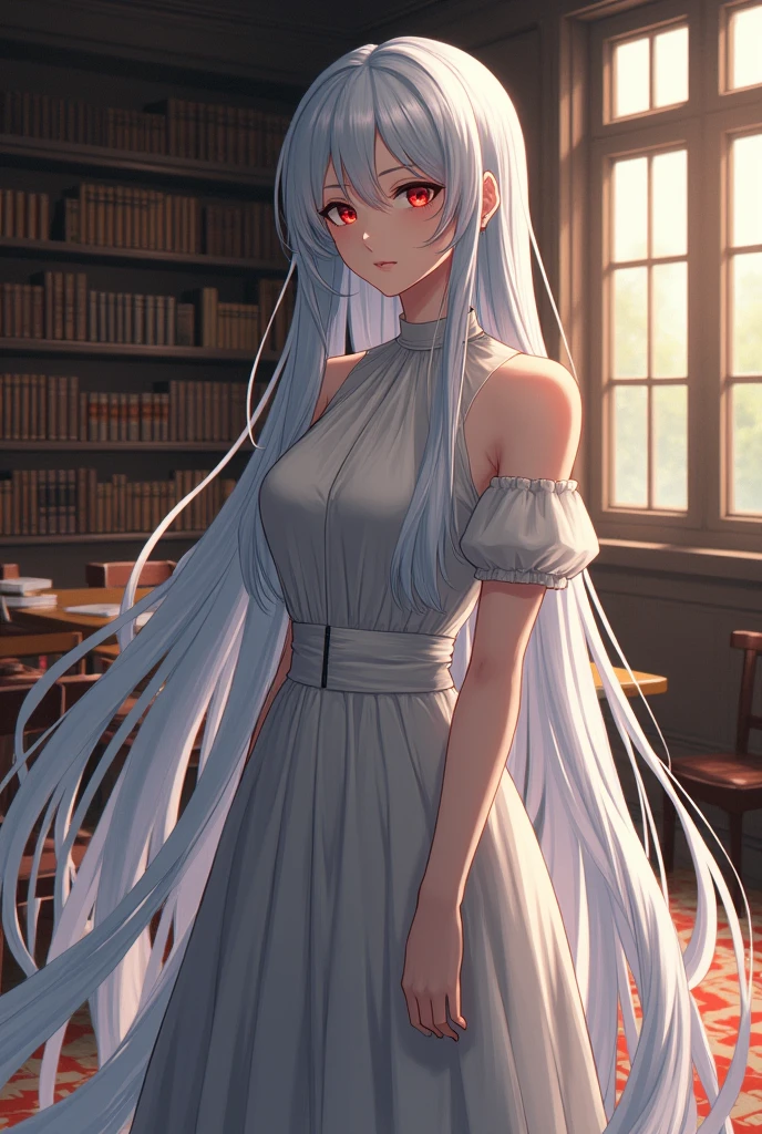 Girl with long hair，Hair falls to the floor，Silver Hair，Retro dress，Lady，library，，Beautiful profile，Handsome face，Red Eyes，solo, One girl, Long Hair, bangs, Character profile, Anime Style, とてもLong Hair, Super long hair, High resolution, Ultra high definition, 床に着くほどのLong Hair、2 meters of hair