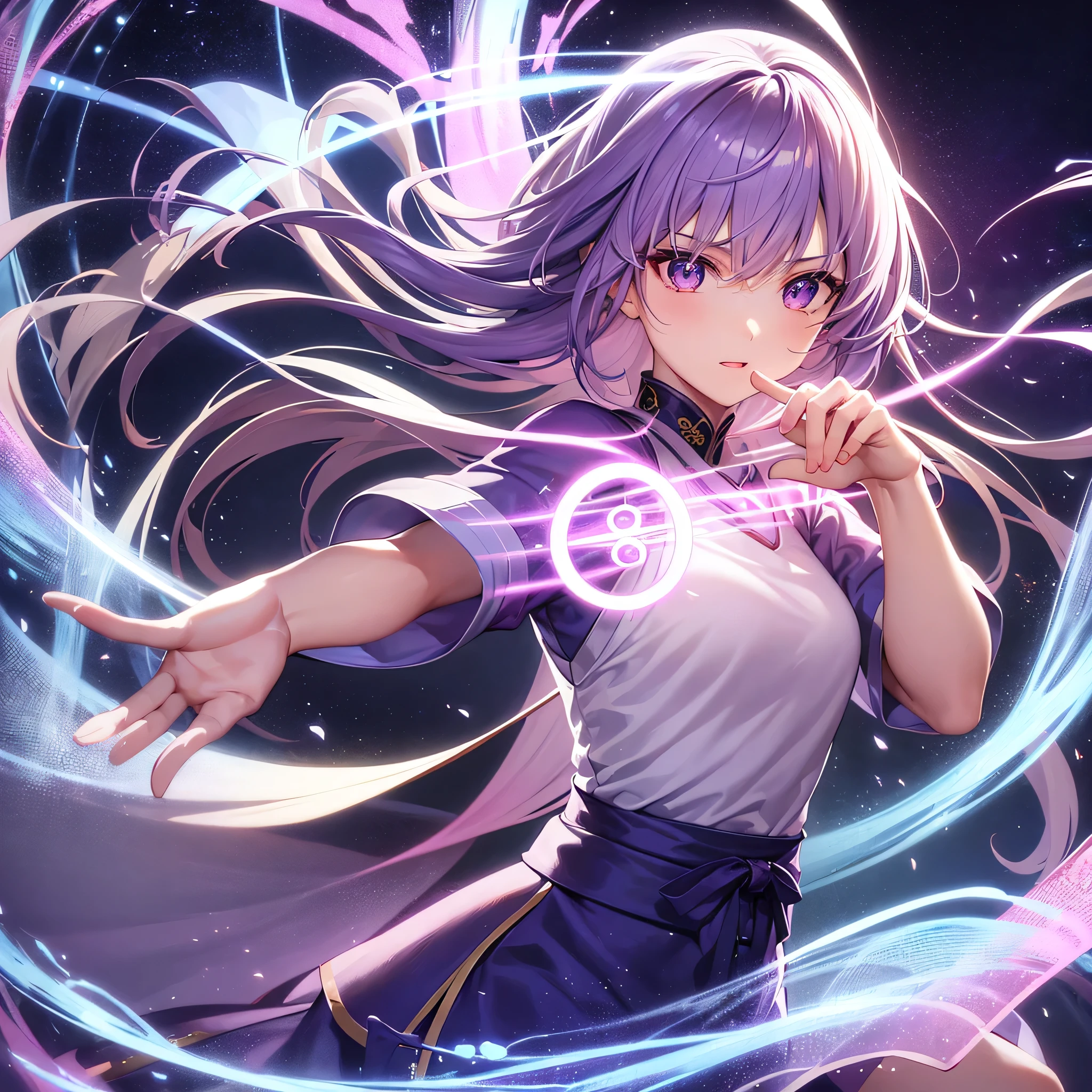 Beautiful Chinese Girl, keen eyes, Clear facial features, wear hanfu, Fighting pose, Martial Arts Movements, The body is surrounded by a purple mist, Runes around, Holographic reality, Holographic halo, Blur, Lighting effects in the game, side light, soft light, movie side light, Gentle light, masterpiece, super detailed, epic composition, Super HD, high quality, top quality, 32K
