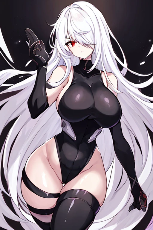1girl, white hair, leotard, futuristic, bodysuit, thick thighs, wide hips, large breasts, breasts, long hair, red eyes, one eye covered, serious, hair over one eye, science-fiction, thigh strap, sleeveless, black leotard, black gloves, 2d, anime style, anime screencap, hourglass figure, toned