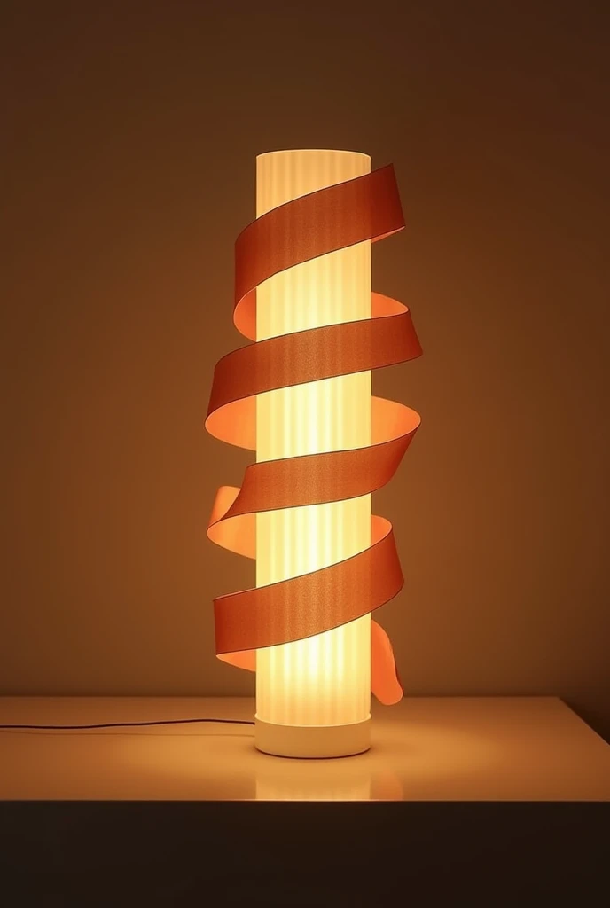 Table lamp, with spiral cylindrical LED tube wrapped in cascading satin ribbon