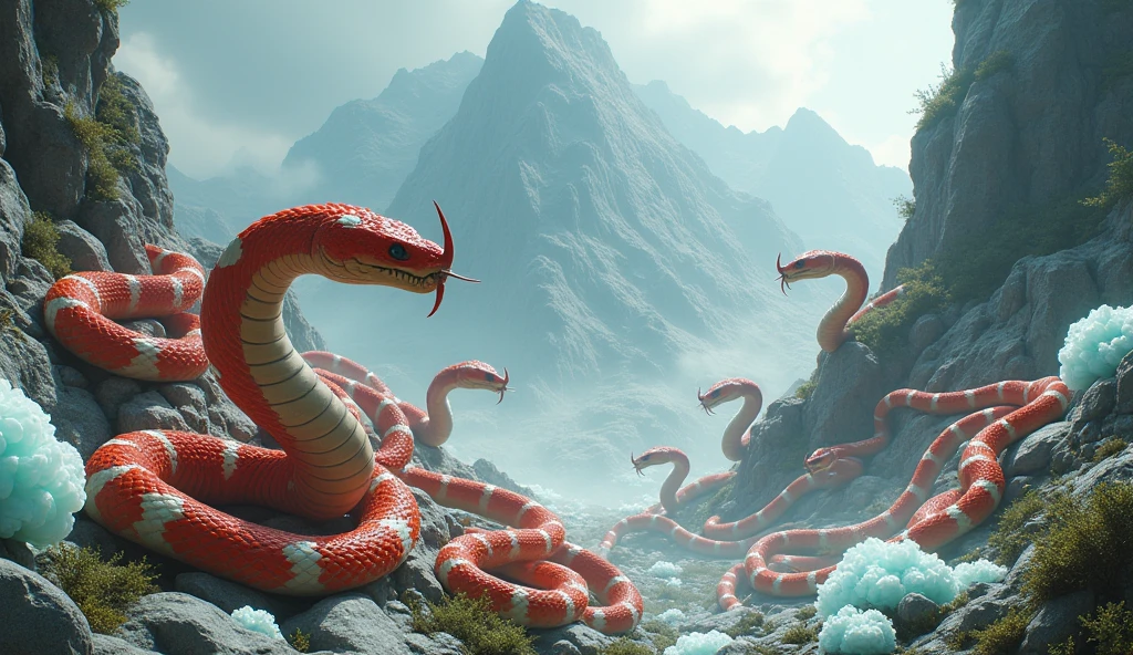 There is white jade ore on the mountain,There are also many pit vipers with red and white rings and a spike on the tip of their noses.(best quality,4K,8k,High level,masterpiece:1.2),Ultra Detailed,(lifelike,Photo real,Photo real:1.37)