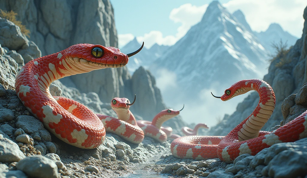 There is white jade ore on the mountain,There are also many pit vipers with red and white rings and a spike on the tip of their noses.(best quality,4K,8k,High level,masterpiece:1.2),Ultra Detailed,(lifelike,Photo real,Photo real:1.37)