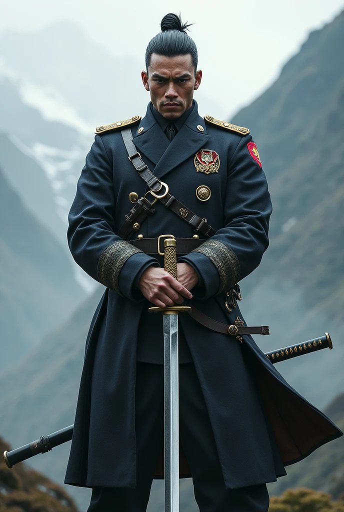 A man in military uniform with a katana