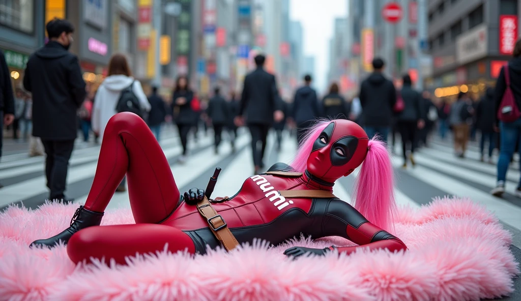 ((Highest quality)), ((masterpiece)), (photograph), ((Japanese women)), ((Deadpool costume and mask)), (((On his chest, he has the word &quot;mu mi&quot; written in white letters.))), Deadpool woman with pink hair and twin tails, Lying on a fluffy pink bath mat at Tokyo&#39;s Scramble Crossing, Surrounded by passers-by, (from side),
