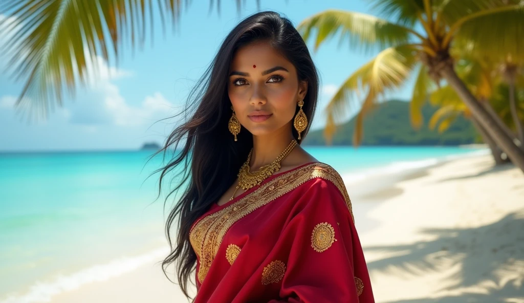 A beautiful Indian woman standing on a beach. She has long, wavy dark hair , big booms and is wearing a red sari with golden borders. She has a red bindi on her forehead and is wearing traditional gold earrings. The background features a serene beach with gentle waves, palm trees, and a clear sky.