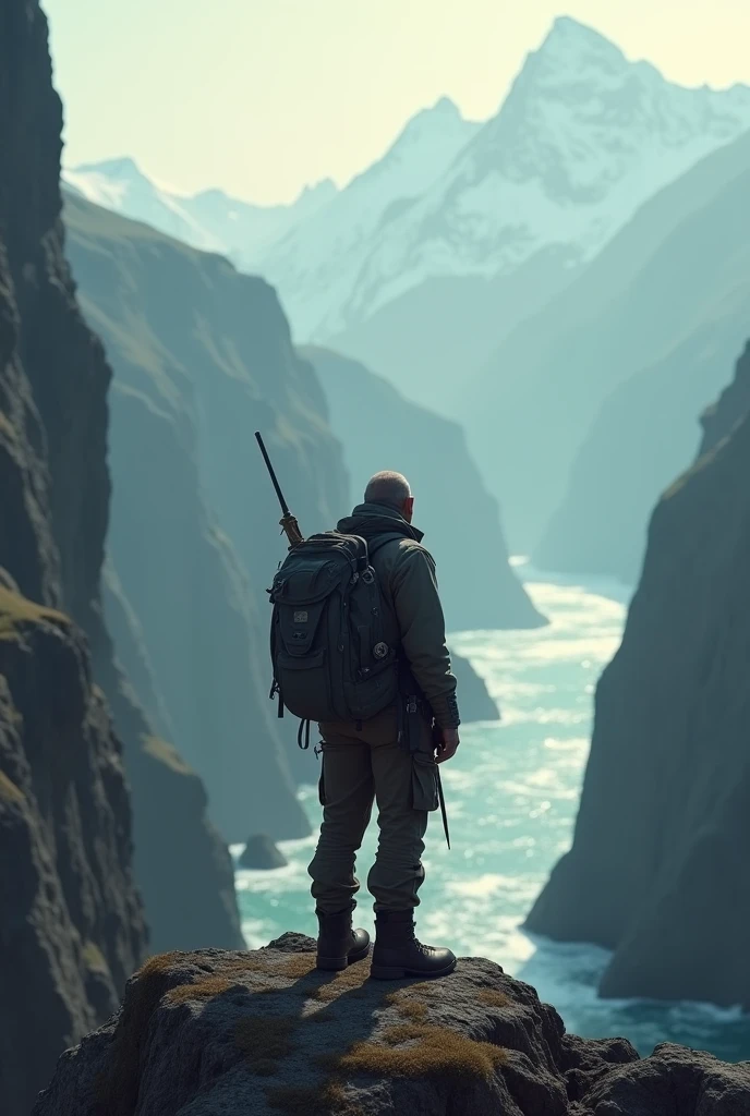 A man standing at the edge of a cliff, looking out over a vast ocean or mountain range.