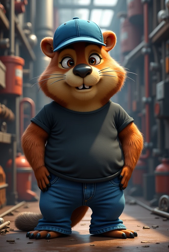 I want to create an image of an animated beaver, industrial style, that is standing, dressed in blue jeans and a black collarless t-shirt and a blue cap matching the pants,