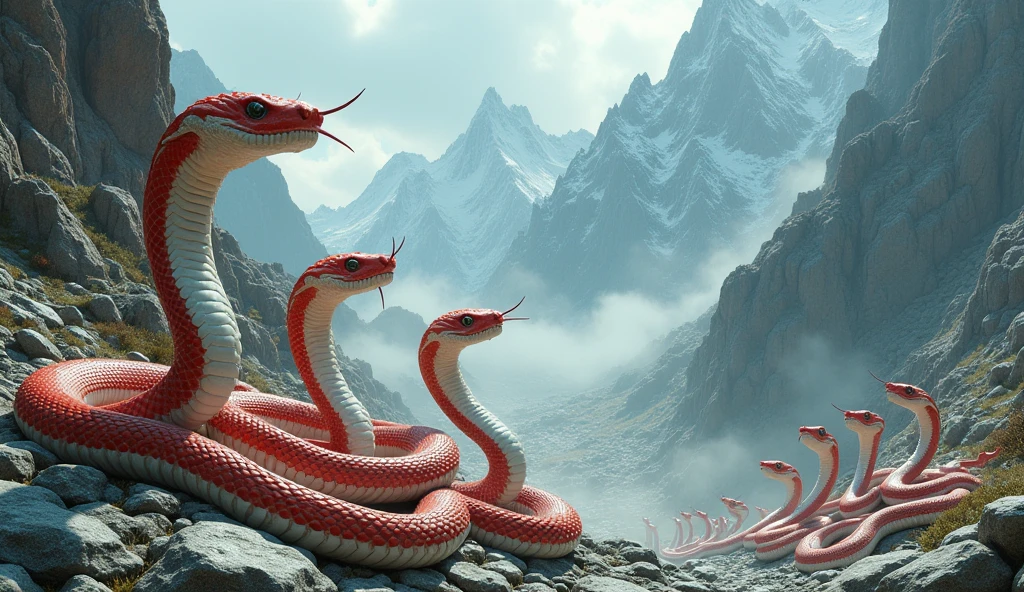 There is white jade ore on the mountain,There are also many pit vipers with red and white rings and a spike on the tip of their noses.(best quality,4K,8k,High level,masterpiece:1.2),Ultra Detailed,(lifelike,Photo real,Photo real:1.37)