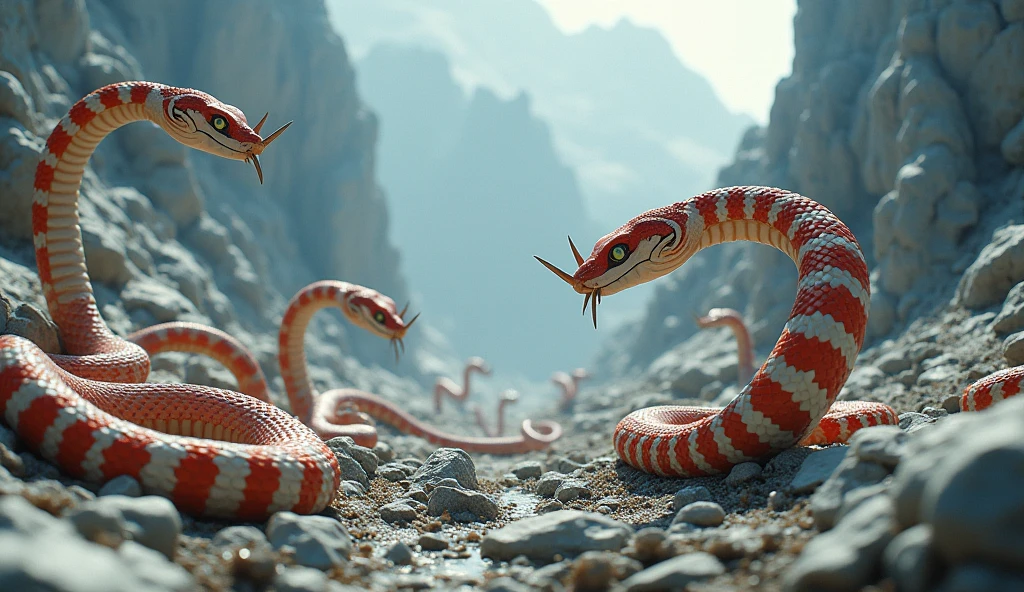 There is white jade ore on the mountain，There are also many pit vipers with red and white rings and a spike on the tip of their noses.（best quality，4K，8k，High level，masterpiece：1.2），Ultra Detailed，（lifelike，Photo real，Photo real：1.37）