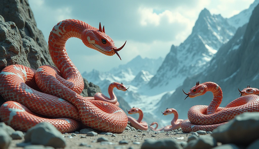 There is white jade ore on the mountain,There are also many pit vipers with red and white rings and a spike on the tip of their noses.(best quality,4K,8k,High level,masterpiece:1.2),Ultra Detailed,(lifelike,Photo real,Photo real:1.37)