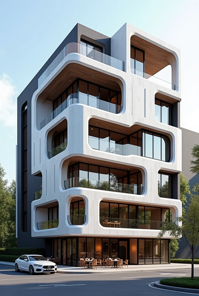 ((best quality)), ((masterpiece)), (detailed), perfect facade architecture , restuarant facade architecture , parametric postmodern  maximal exterior view , high qulity rendering architecture ,sunny  day ,  , 4th floors , white and black  stone material , in the city in tehran , a car parked in front of the building ,  high detail , modern architecture , maximal facade architectur , commercial restuarant facade architectural ,mubios concept design