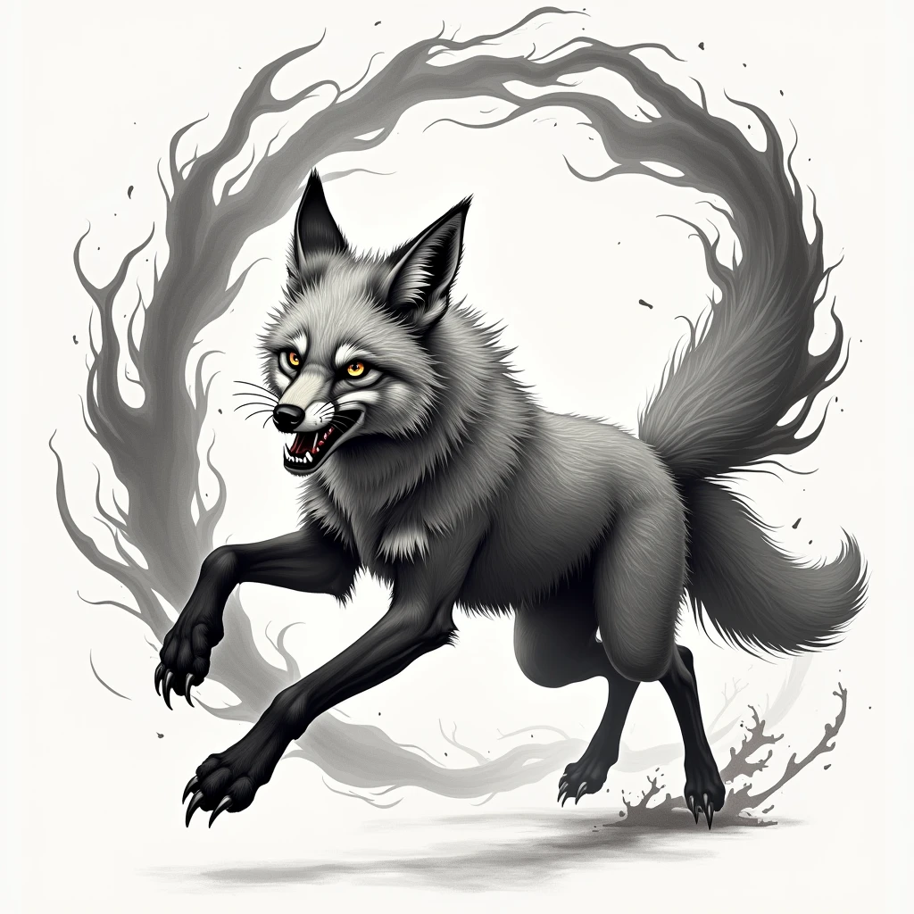 VECTOR, A highly detailed beast fox leaping in a center big ink flame around it