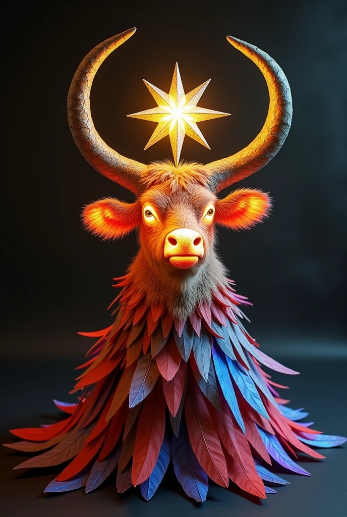 create a lamp image that resembles the bumba meu boi where the base is made of feathers with two ox horns and a star in the middle hanging from the horns the feathers are fixed at the bottom without the ox&#39;s face