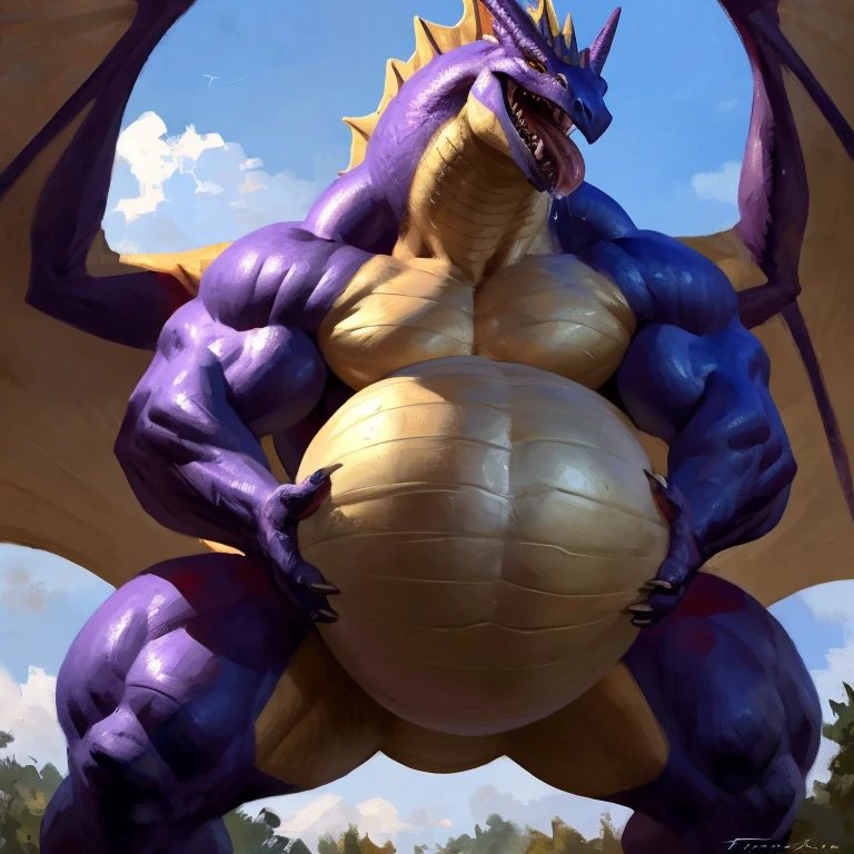 Detailed painting, by Taran Fiddler, closeup, outlook view, wide angle, dragoness, full body, feral, dainty, friendly, colorful, rounded snout, wings, pregnant-like belly, round belly, dominant belly, huge belly, bloated belly, big muscles, wide body, thick body muscles, powerfull muscles, beefy muscles, thick neck, tongue out, open mouth, saliva, hungry, voracious, glutonous, tall, enormous, giant, gigantic, colosssal size, gargantuan, kaiju, powerfull look, badass look, looking at viewer