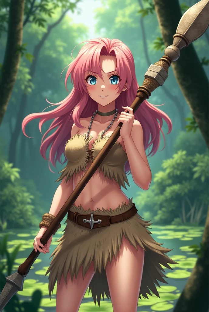 Digital illustration in an anime style, featuring a young woman with long, wavy pink hair and blue eyes. She has light skin and a determined expression on her face. The character is dressed in a primitive, tattered brown outfit, resembling a loincloth and top made from animal hide. She is holding a long spear with a stone tip in both hands, poised in a defensive stance. The background depicts a lush, green forest with dense foliage and a body of water with lily pads. 