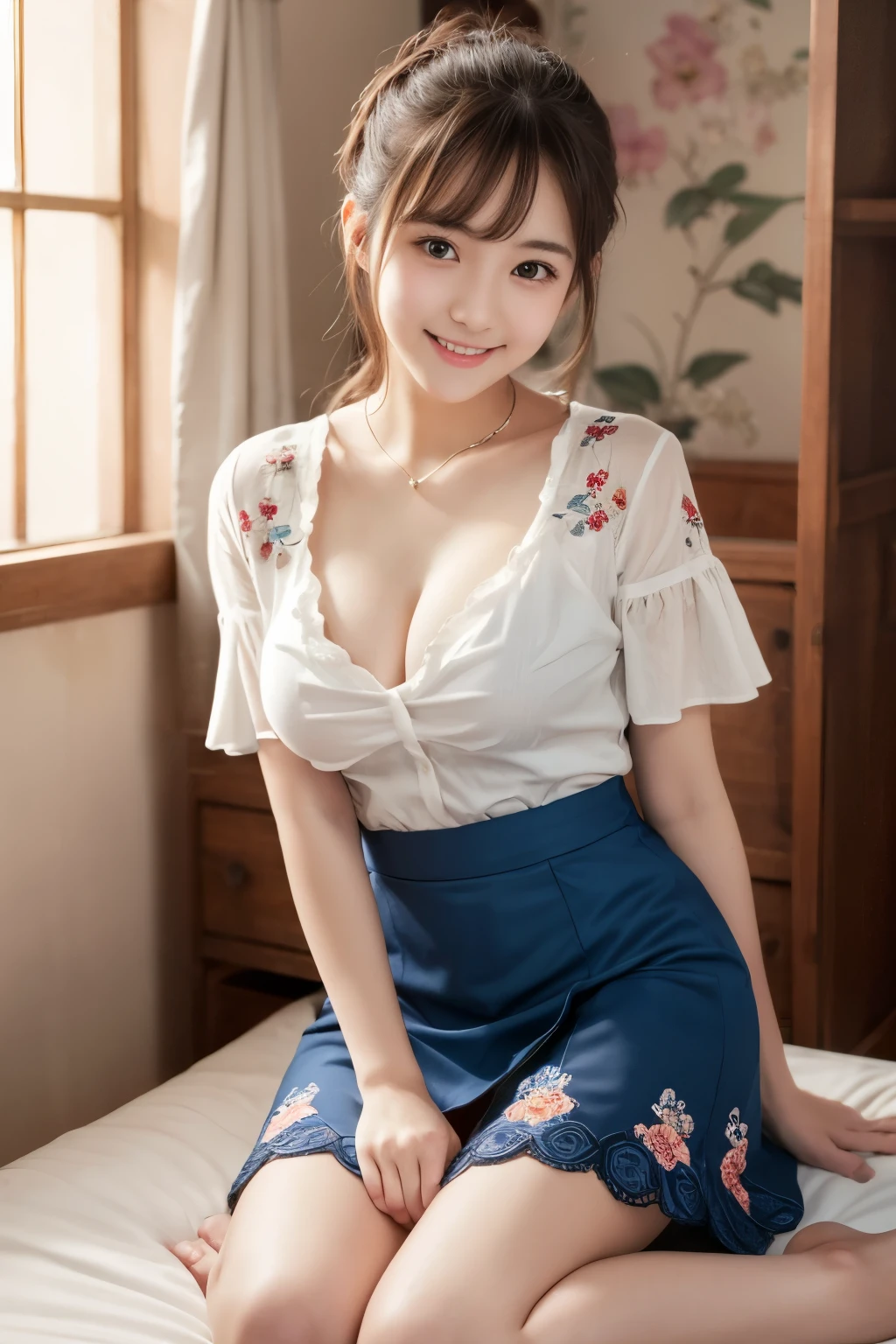 1 young girl,very cute and beautiful japanese teen actress,highly detailed beautiful face,
looking at viewer,white blouse,smile,happy,beautiful legs,solo,cleavage,
kawaii blue skirt dress with intricate detailed floral embroidery,
cute girly room background,real person,photorealistic,8k,raw photo,