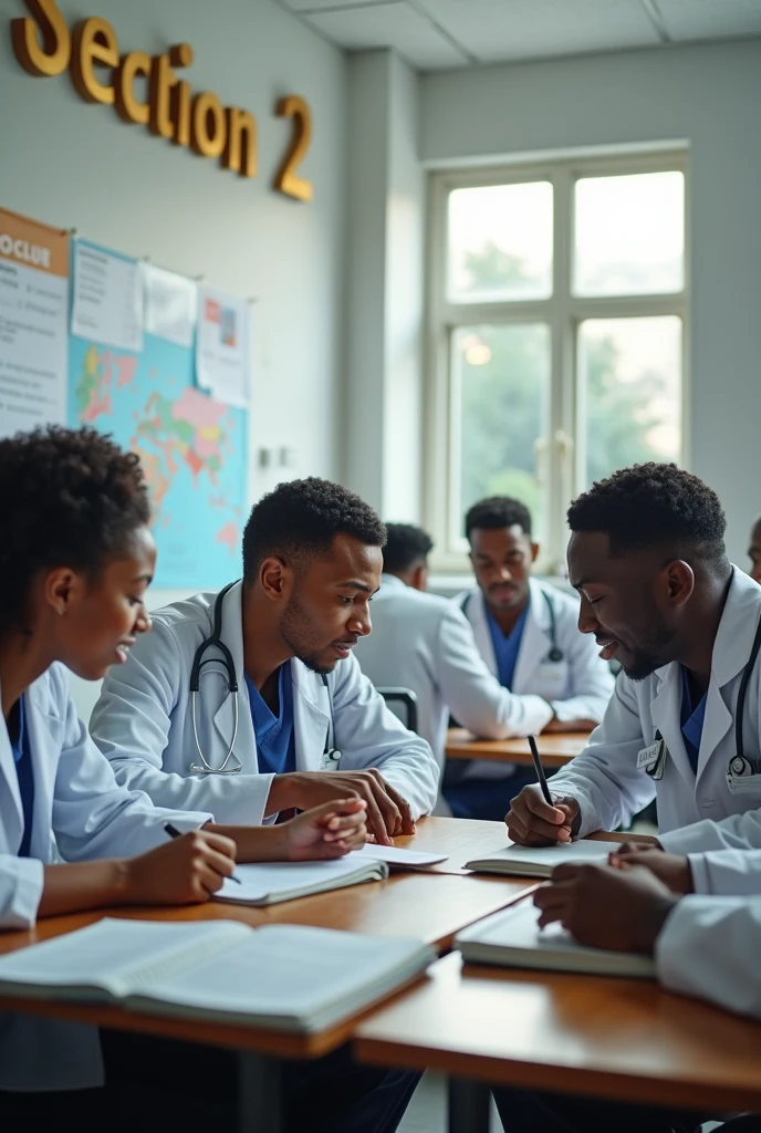 section 2 medicine students in Addis Ababa University, Ethiopia, are discussing with each other. And write "section 2" on the wall of the class