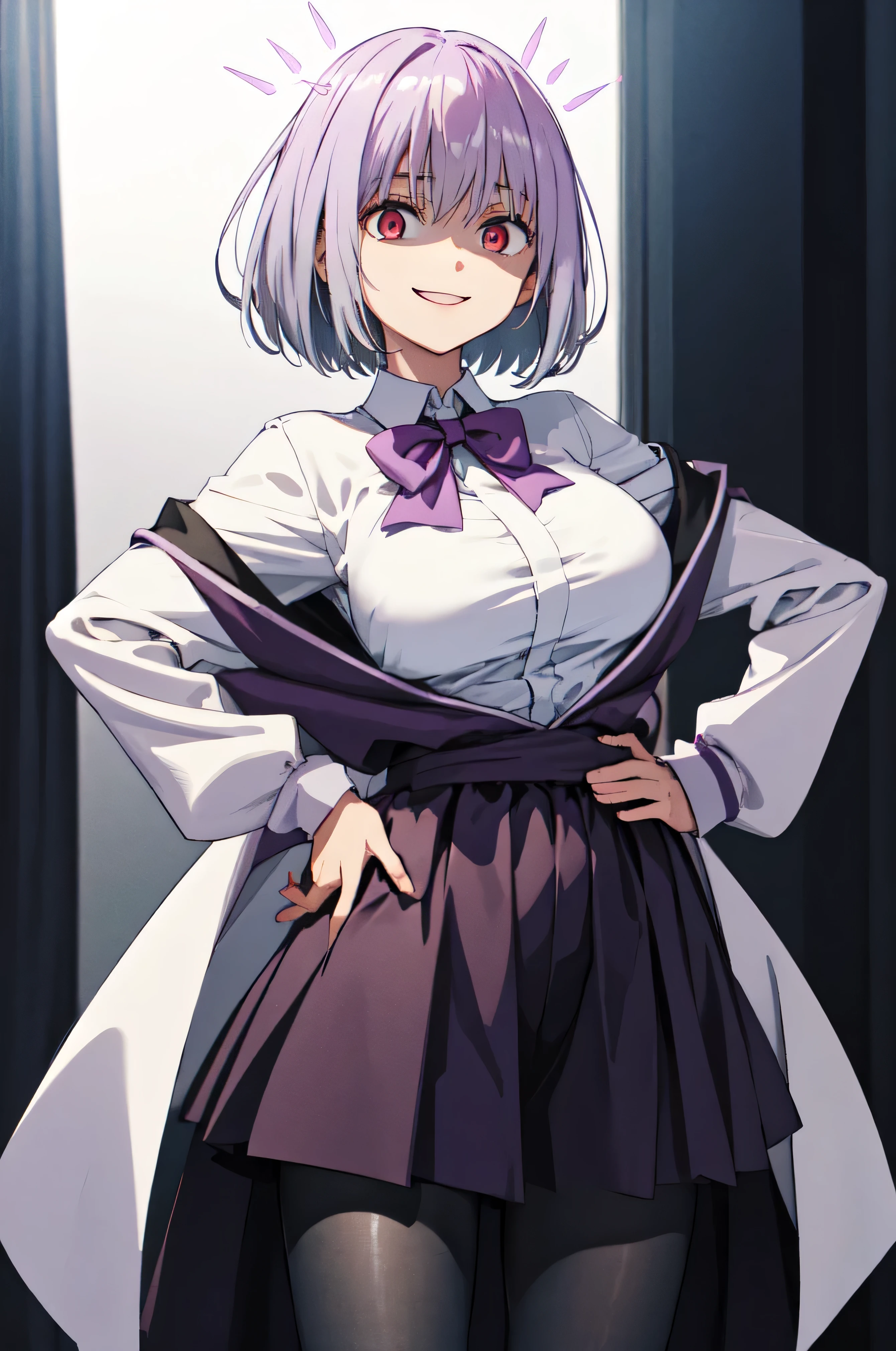 male, short hair, Red eyes, Large Breasts, Purple bow tie, Collared shirt, White shirt, Purple Jacket, Partially defrosted, Long sleeve, Sleeves are longer than the wrist, Pleated skirt, Black Skirt, pantyhose, smile, Waist clothes, night, dark, room, Shine, Backlight, Open your mouth, Leaning forward, Put your hands on your hips, View your viewers, Hollow Eyes, masterpiece, Highest quality, High resolution, Nice hands, Perfect hands, Cowboy Shot,Too evil smile,smile the worst,Looking down at the viewer,Smile at its worst,Devilish Laugh,Dark shadowed face,Smile face,big monster ,Dark purple background,both hands,Five Fingers,Two legs,, One-sided black wing,Dark shadowed face,A sadistic smile,Malice,Contempt,smile,both hands,Two legs,Five Fingers,solo,Decorated with skulls. background, A mountain of skulls beneath
