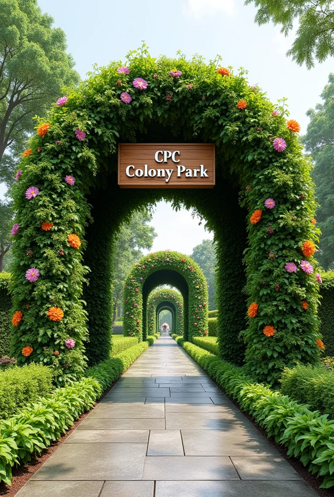 park entrance only made with bushes and flowers cpc colony park written on a wooden piece