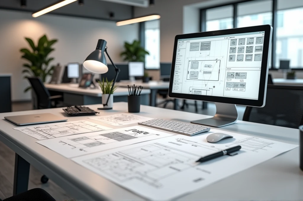 A table with wireframe sketches of screens by a UXer Designer and a computer with a prototype being made on the screen. Do not place people in the image. High resolution image, 4k. Wide screen format 16:9. extreme detail ::  