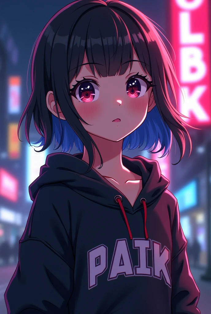 Create anime character;
{background: capital HD text: “GLBK” in right-top, night}, tanned skin,
realistic, HDR, beautiful, japan style, full body, age 20, hoodie HD text: “Paik”, female, color Gradient hair