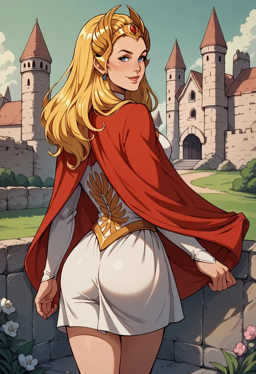 score_9, score_8_up, score_7_up, BREAK, score_9, smile, sh3ra, blonde hair, blue eyes, golden tiara, white dress, white skirt, golden armour, red cape, looking at viewer, cowboy shot, ass, from behind, medieval, castle