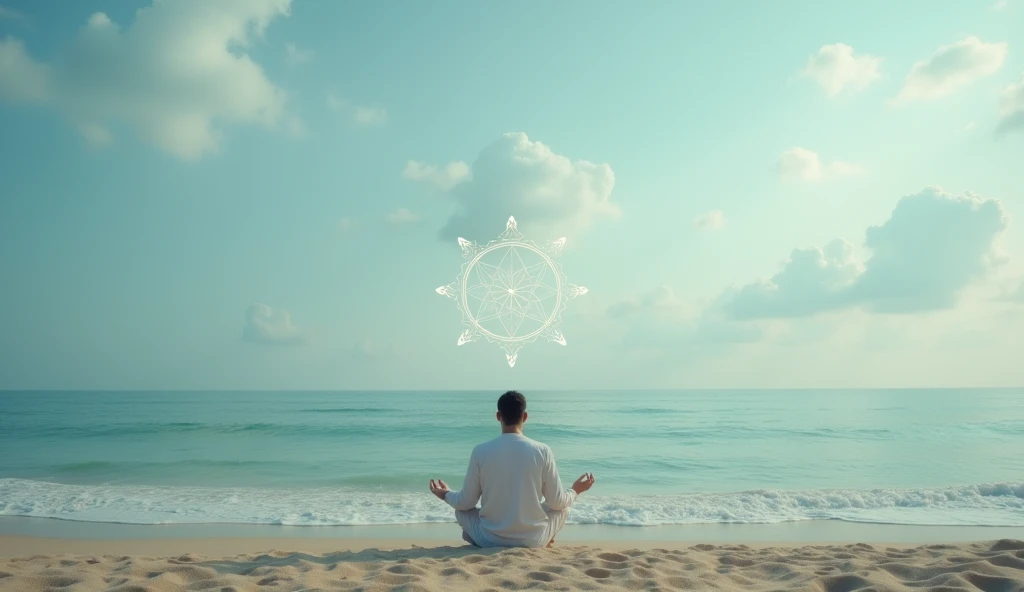 "A person sitting on a beach, looking out over the infinite horizon, deep in thought, with floating symbols representing divine wisdom, ar 16:9"
