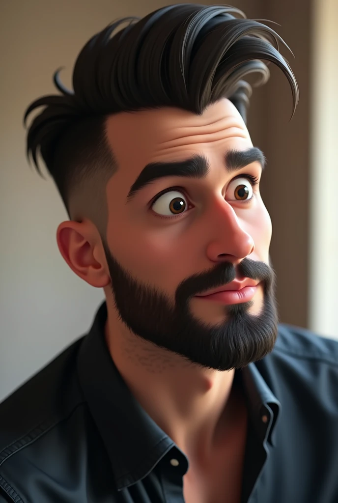 A very handsome white man like a model with a piercing heartthrob look, slick back hair style , black colored eyes, seducing gaze, Disney Pixar character style, high qualiy, best qualityer