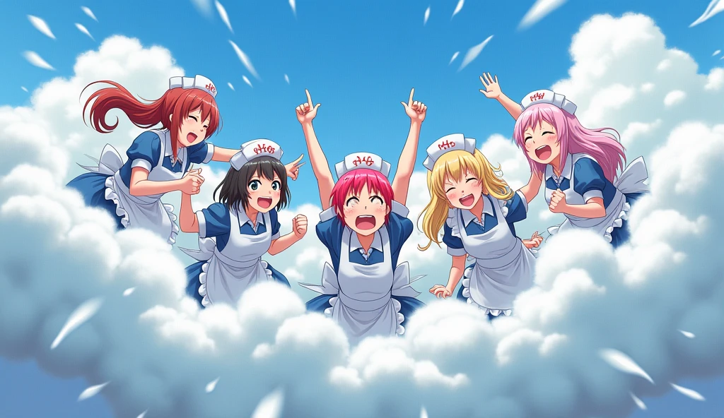 a group of maids and nurses in a bright, comical combat cloud, playfully wrestling with each other, anime style, (foam cloud), maids and nurses with different hair colors, visible faces, hands, and feet emerging from the cloud, rest of bodies hidden in the cloud, emphasizing the humorous, energetic nature of their scuffle, fluffy, exaggerated combat cloud, (best quality,4k,8k,highres,masterpiece:1.2),ultra-detailed,(realistic,photorealistic,photo-realistic:1.37),vibrant colors,dynamic lighting,whimsical,cute,charming,playful,comedic,lighthearted,dynamic,expressive