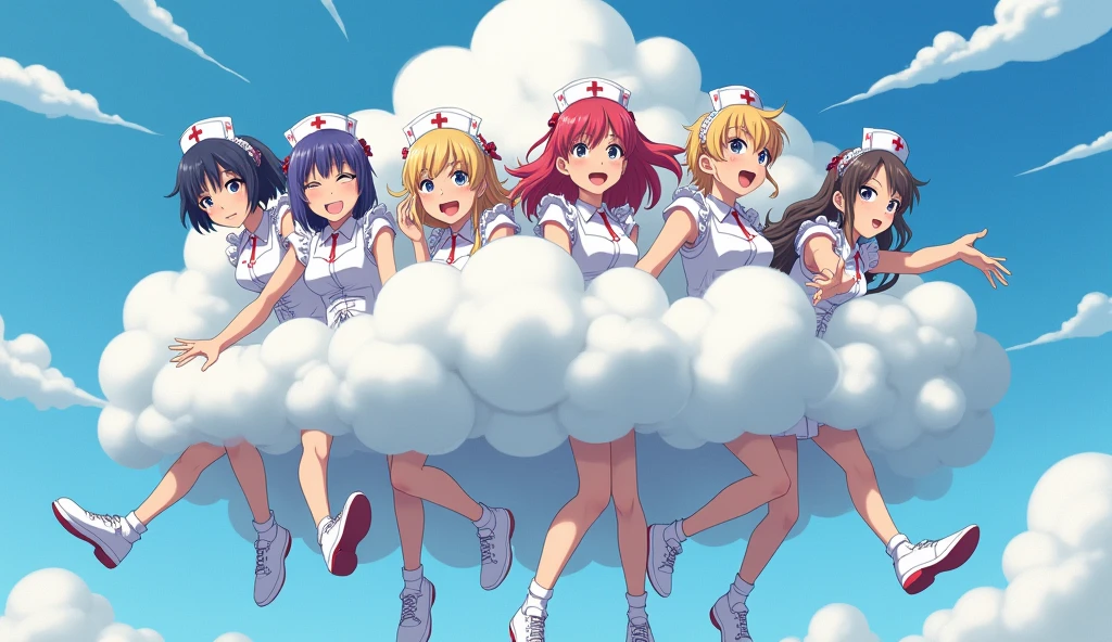 a group of maids and nurses in a bright, comical combat cloud, playfully wrestling with each other, anime style, (foam cloud), maids and nurses with different hair colors, visible faces, hands, and feet emerging from the cloud, rest of bodies hidden in the cloud, emphasizing the humorous, energetic nature of their scuffle, fluffy, exaggerated combat cloud, (best quality,4k,8k,highres,masterpiece:1.2),ultra-detailed,(realistic,photorealistic,photo-realistic:1.37),vibrant colors,dynamic lighting,whimsical,cute,charming,playful,comedic,lighthearted,dynamic,expressive
