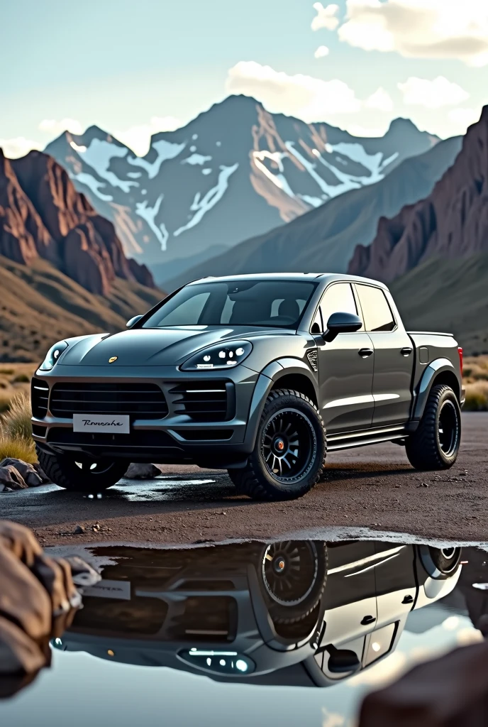 (Photographie professionelle:1.6) une magnifique Porsche type pick-up couleur gris nardo, elle semble massive, environnement de montagne type Colorado, impression de sceance photo pour la presentation d’un nouveau modele, reflet du paysage sur le pare-brise et la carrosserie de la voiture. Ultra realiste, ultra cinématographique, ultra detaille, ultra contraste, 8k