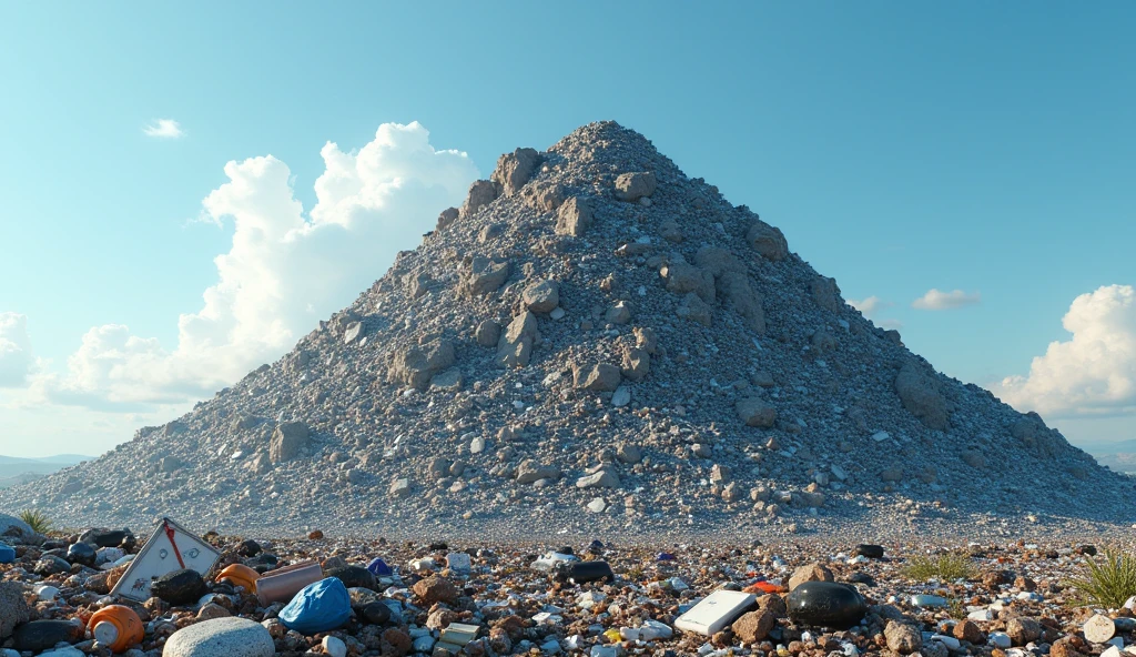 mountain of trash in the centre, blue sky, nice little clouds, light, nice light, photorealistic, realistic, 4k, 8k,