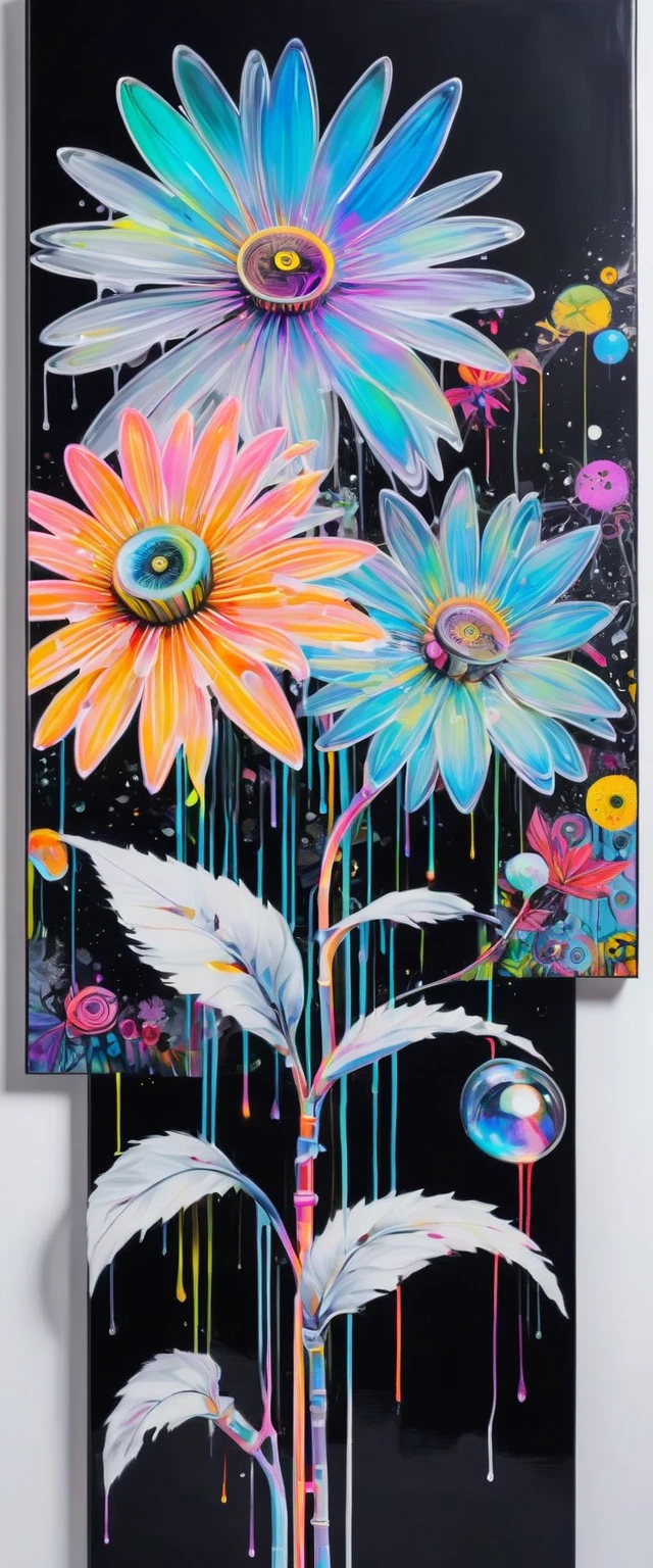 fusion of acrylic and collage paintings, clockwork, mysterious clockwork space, labyrinth space divided by neon line lights, dripping fluorescent paint, iridescent flowers blooming from the point of impact, black and white and pastel colors, transparent, mysterious and funny high and fine artwork