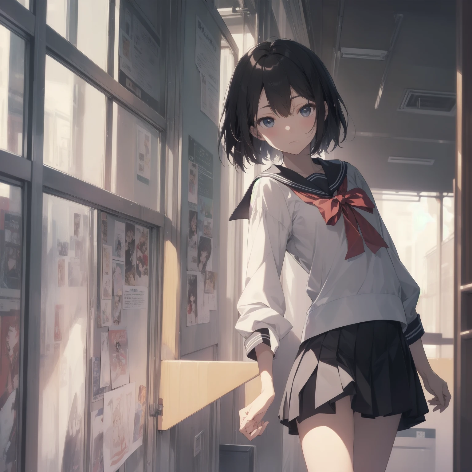 ultra-absurdres-Top quality by artist God, ultra-detailed, high resolution, anime moe artstyle, best anime 8k konachan wallpaper, pixiv contest winner, pool:2810, perfect anatomy,break, 1girl, (Please draw a girl walking sleepily to school alone. )break,(Solo,little female,:1.3),Full limbs, ,a junior high school student, (very short hair), short cut, flat chest, , small butt, small black eyes, beautiful detailed eyes, well-proportioned iris and pupils, expressive eyes, highres detailed hair, soft expression, salor school_uniform, sailor collar, serahuku, bow, pleated skirt,(Detailed Lighting), (Detailed background), in the School commute route. break,super detailed skin, Best cinematic lighting powered by famous artist, 8k,beauty illustration,photoshop_(medium),very aesthetic,break,((artist:takeuchi_takashi )), artist:clamp ,artist:carnelian ,artist:kantoku ,