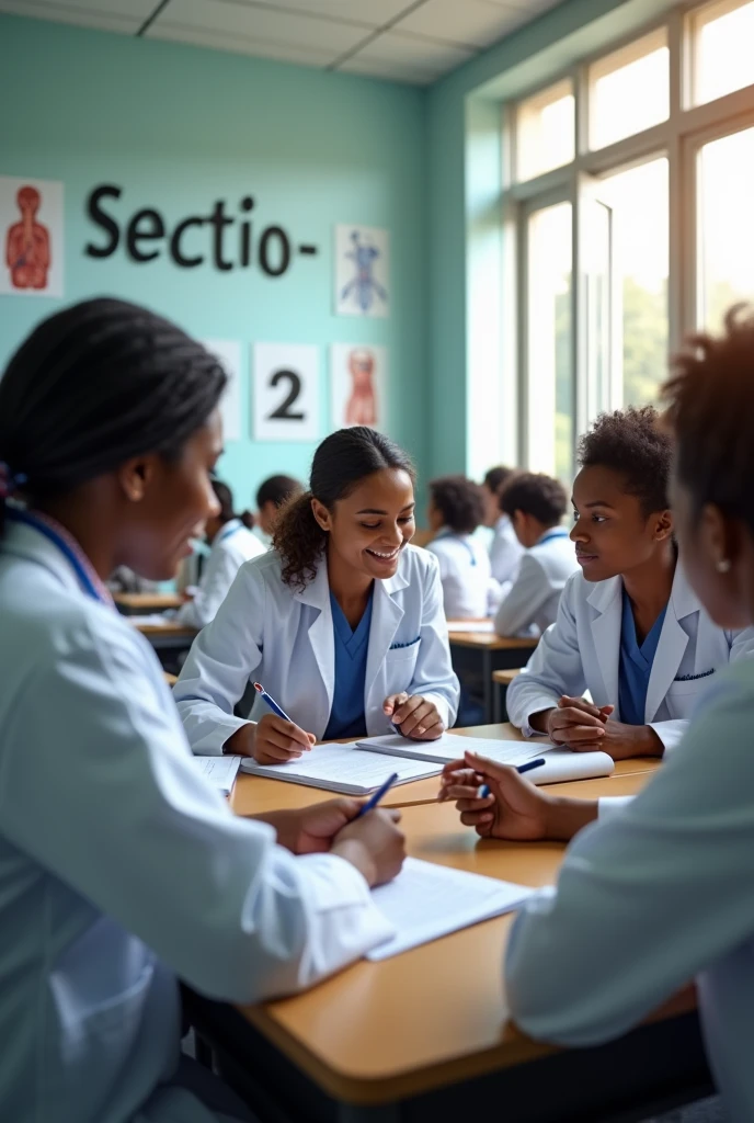 section 2 medicine students in Addis Ababa University, Ethiopia, are discussing with each other. And write "section 2" on the wall of the class