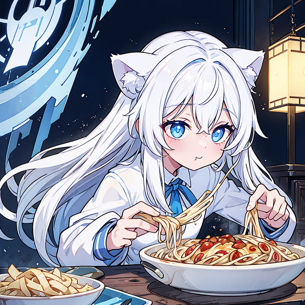 white hair. cat ears. blue eyes. eating spaghetti. no human ears. happy.